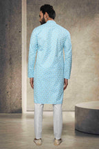 Raivat Ethnic Cotton Printed Work Kurta Pajama In Sky Blue Colour | Grocsy