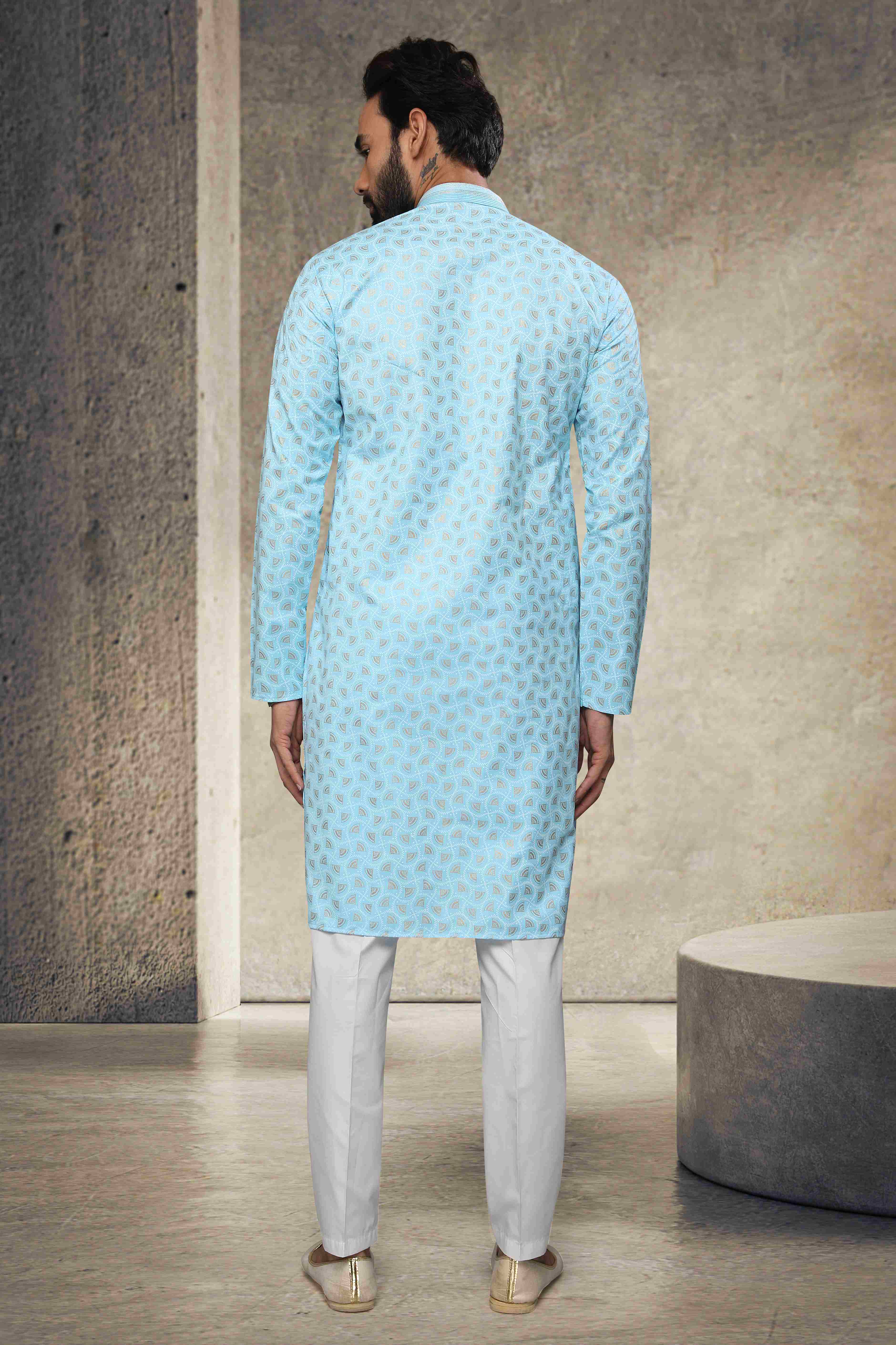 Raivat Ethnic Cotton Printed Work Kurta Pajama In Sky Blue Colour | Grocsy