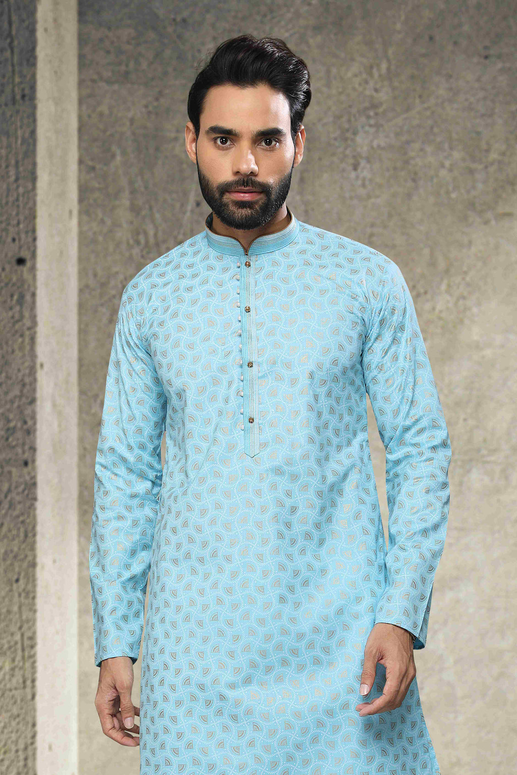 Raivat Ethnic Cotton Printed Work Kurta Pajama In Sky Blue Colour | Grocsy