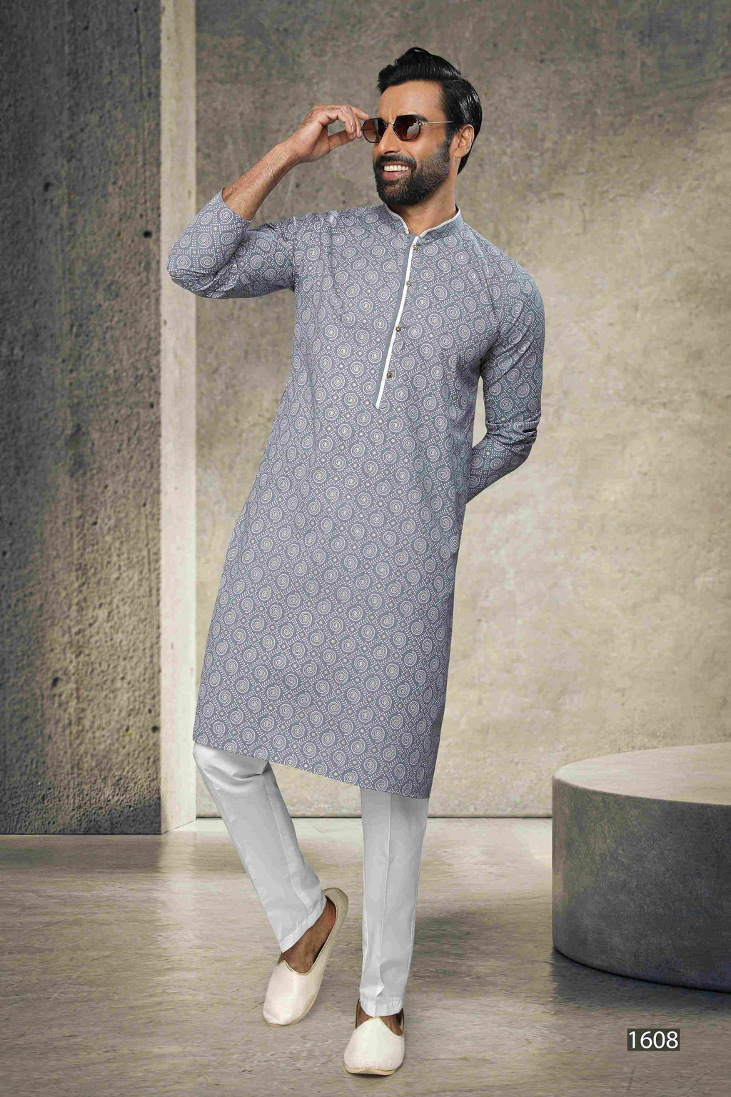 Raivat Ethnic Cotton Printed Work Kurta Pajama In Grey Colour | Grocsy