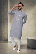 Raivat Ethnic Cotton Printed Work Kurta Pajama In Grey Colour | Grocsy