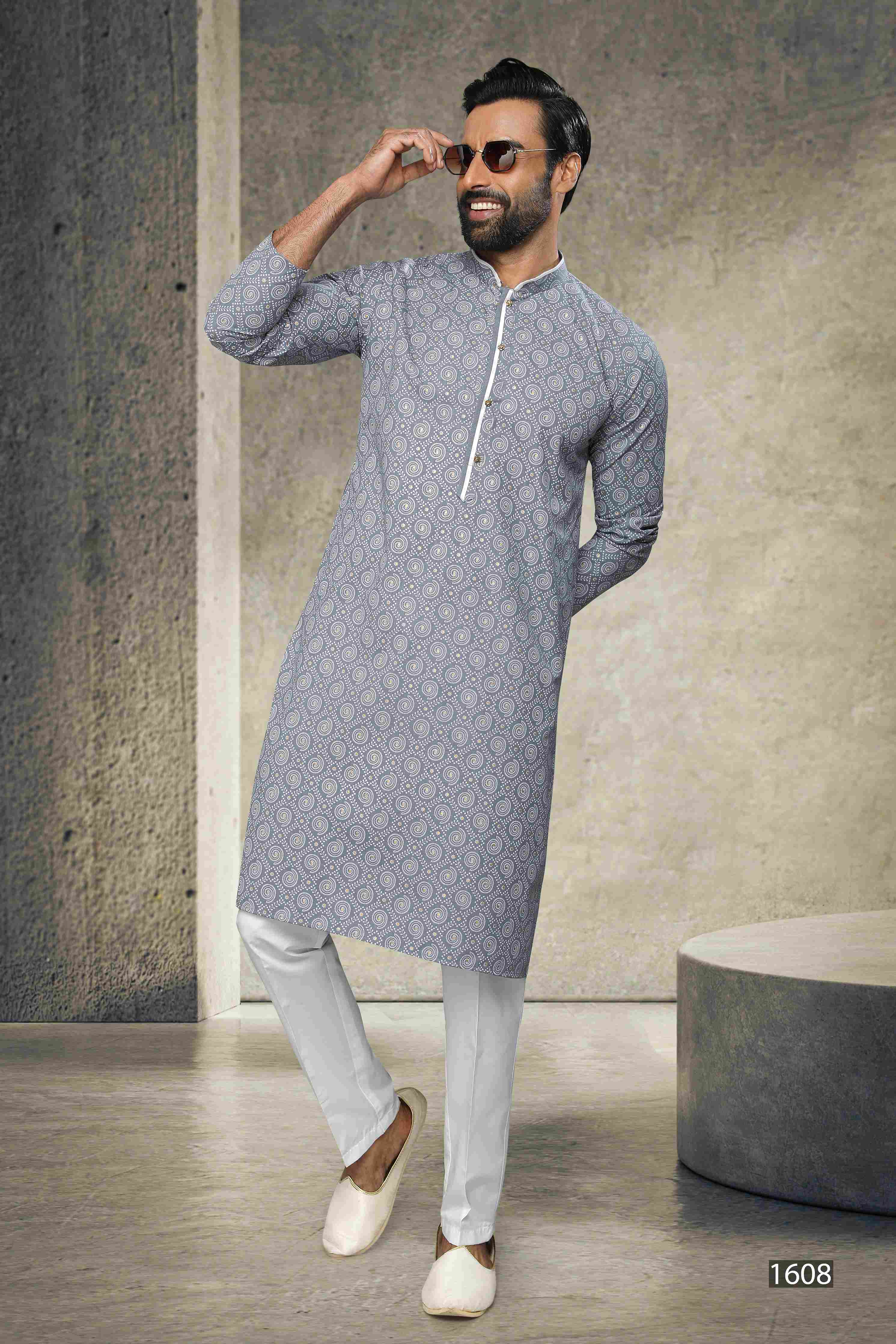 Raivat Ethnic Cotton Printed Work Kurta Pajama In Grey Colour | Grocsy
