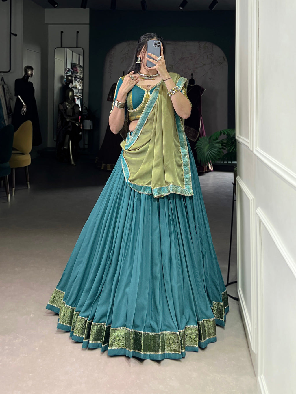 Lorenvalley Teal Pure Rayon Zari Weaving Work With Lace Border Lehenga Choli with Dupatta | Grocsy