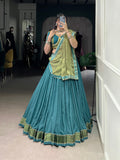 Lorenvalley Teal Pure Rayon Zari Weaving Work With Lace Border Lehenga Choli with Dupatta | Grocsy