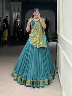 Lorenvalley Teal Pure Rayon Zari Weaving Work With Lace Border Lehenga Choli with Dupatta | Grocsy