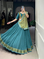 Lorenvalley Teal Pure Rayon Zari Weaving Work With Lace Border Lehenga Choli with Dupatta | Grocsy