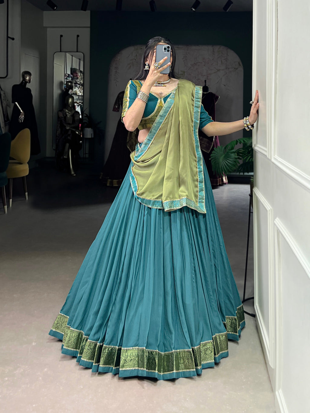 Lorenvalley Teal Pure Rayon Zari Weaving Work With Lace Border Lehenga Choli with Dupatta | Grocsy