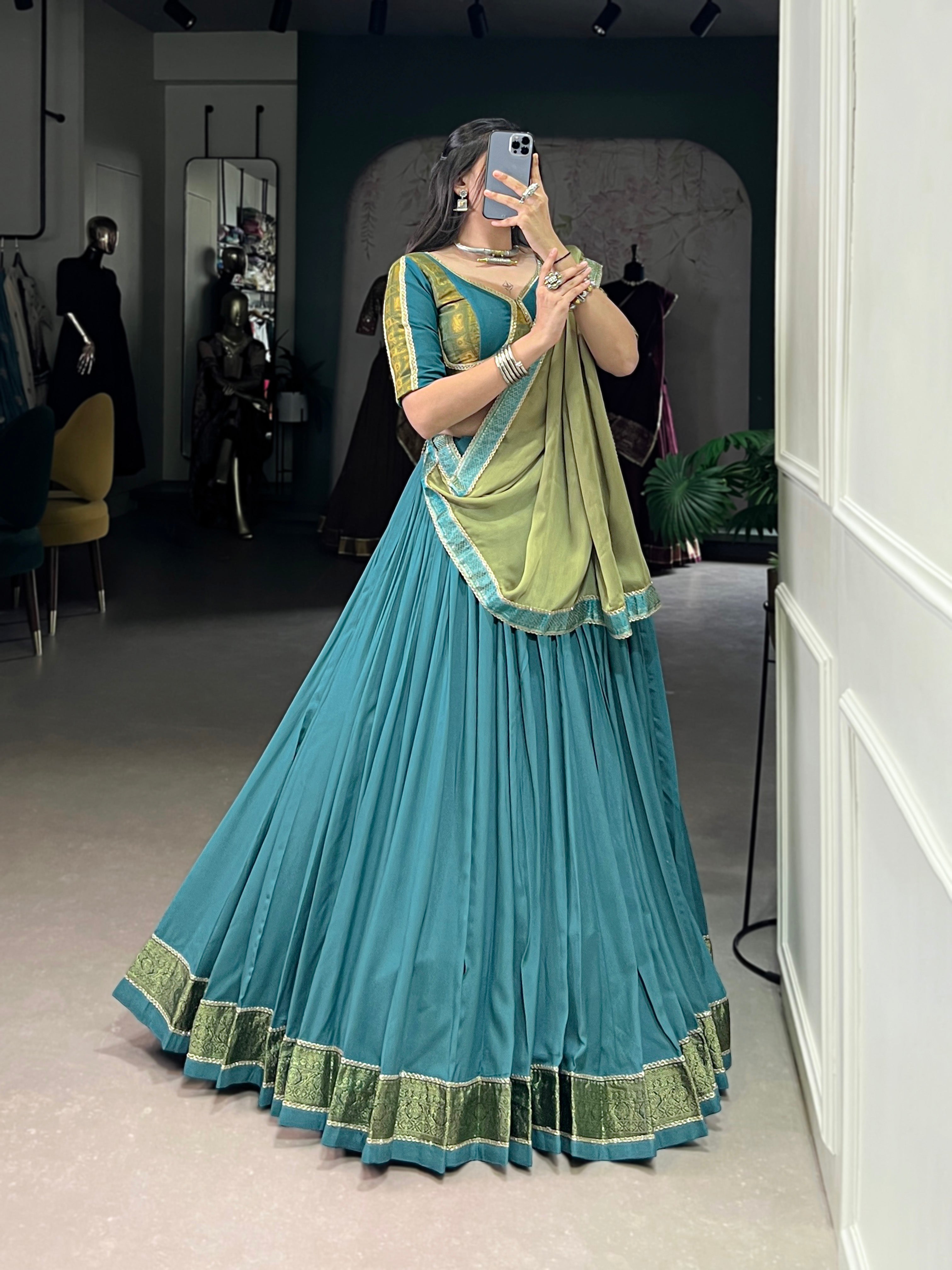 Lorenvalley Teal Pure Rayon Zari Weaving Work With Lace Border Lehenga Choli with Dupatta | Grocsy