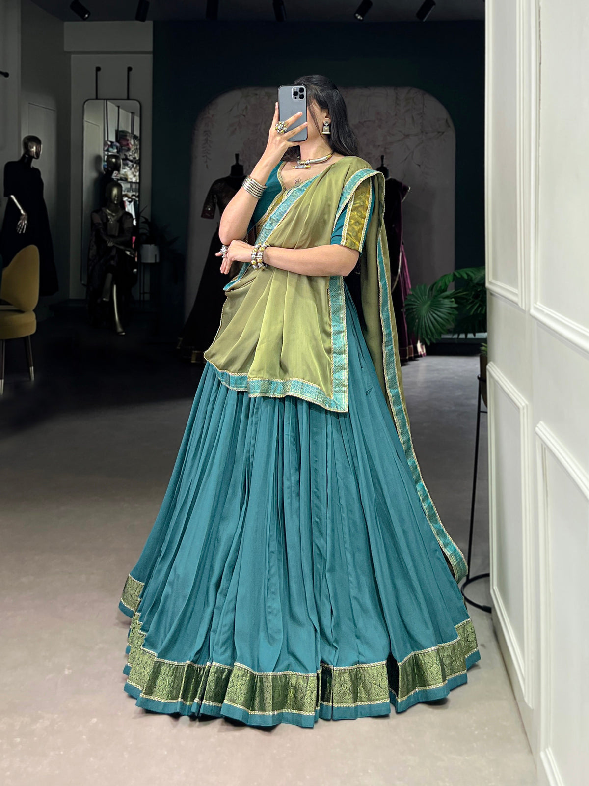 Lorenvalley Teal Pure Rayon Zari Weaving Work With Lace Border Lehenga Choli with Dupatta | Grocsy