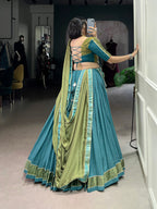 Lorenvalley Teal Pure Rayon Zari Weaving Work With Lace Border Lehenga Choli with Dupatta | Grocsy
