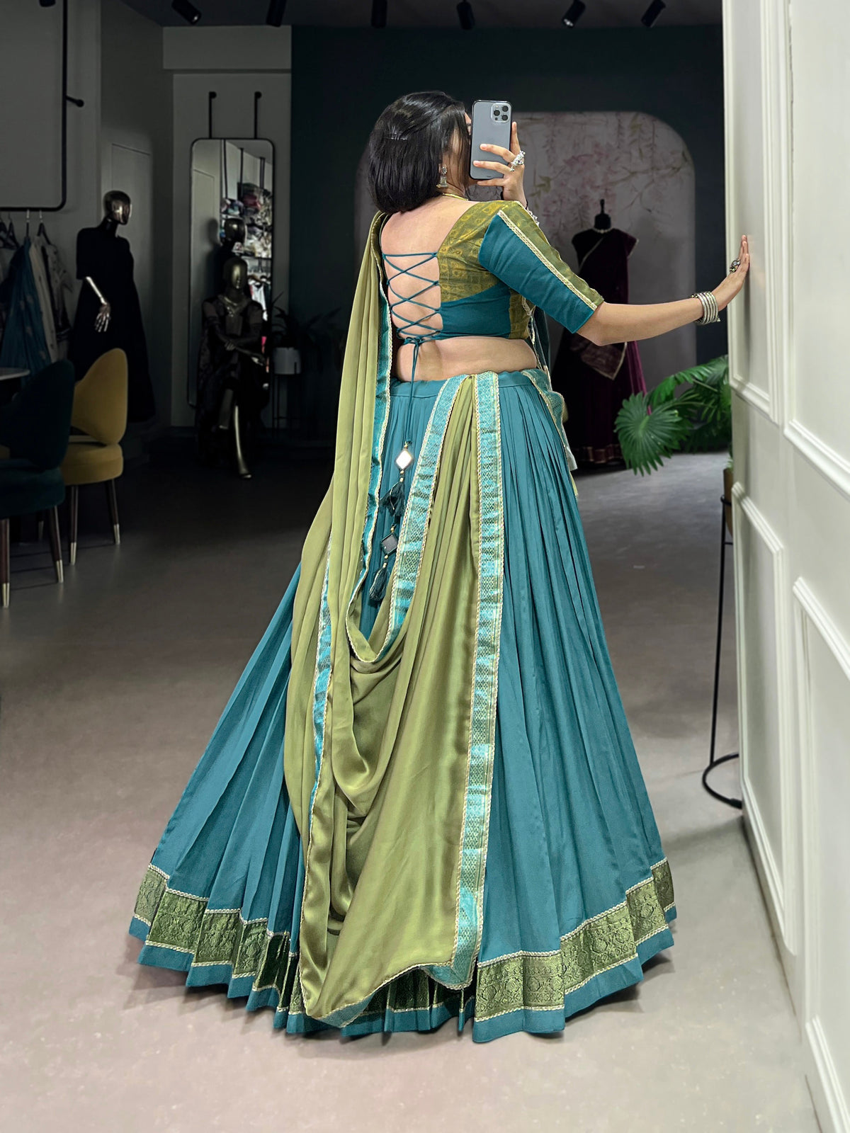 Lorenvalley Teal Pure Rayon Zari Weaving Work With Lace Border Lehenga Choli with Dupatta | Grocsy