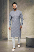 Raivat Ethnic Cotton Printed Work Kurta Pajama In Grey Colour | Grocsy