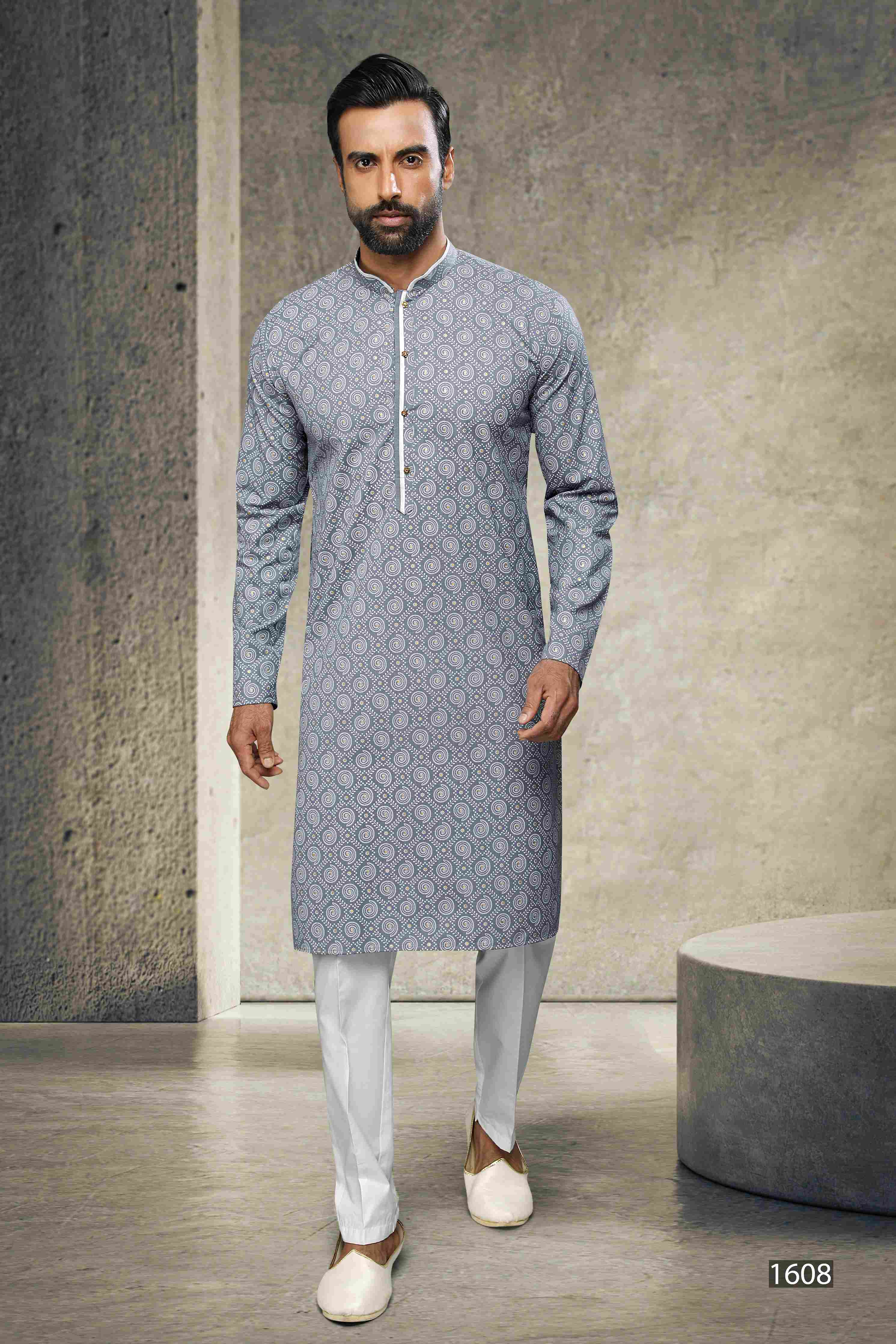 Raivat Ethnic Cotton Printed Work Kurta Pajama In Grey Colour | Grocsy