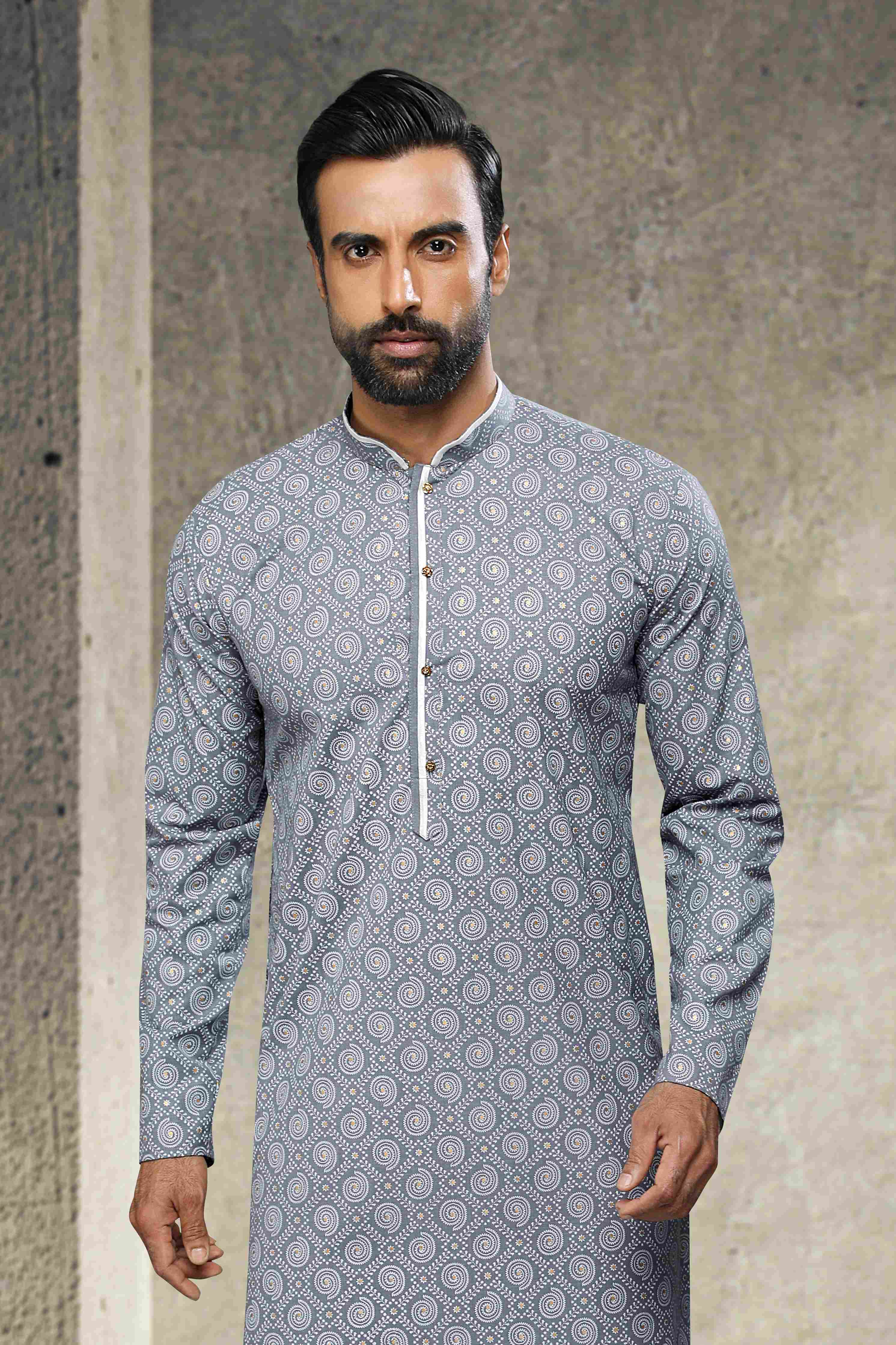 Raivat Ethnic Cotton Printed Work Kurta Pajama In Grey Colour | Grocsy