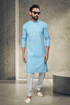 Raivat Ethnic Cotton Printed Work Kurta Pajama In Sky Blue Colour | Grocsy
