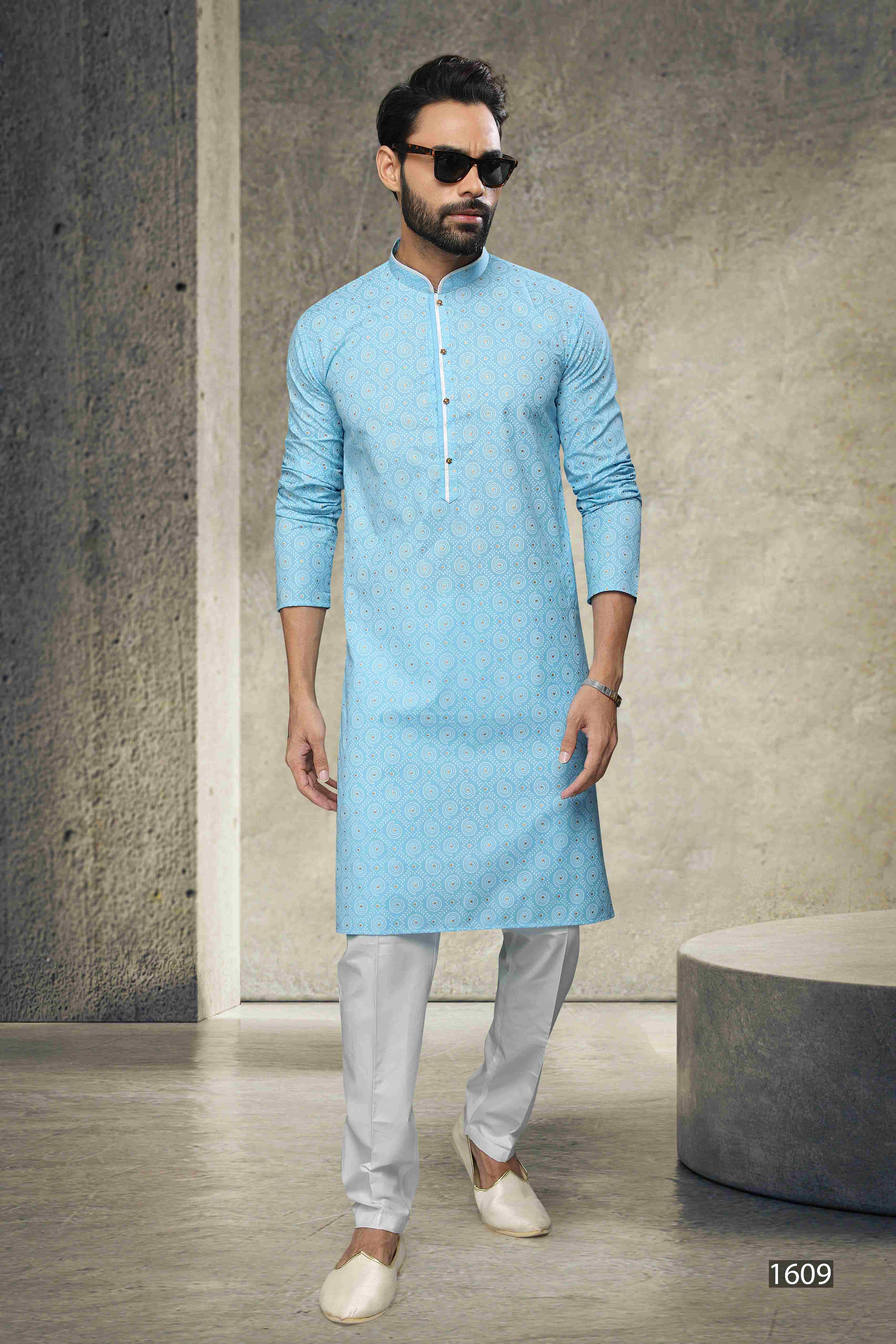 Raivat Ethnic Cotton Printed Work Kurta Pajama In Sky Blue Colour | Grocsy