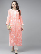 ADA Women Peach-Coloured & White Ethnic Motifs Chikankari Cotton Handloom Kurta | Grocsy