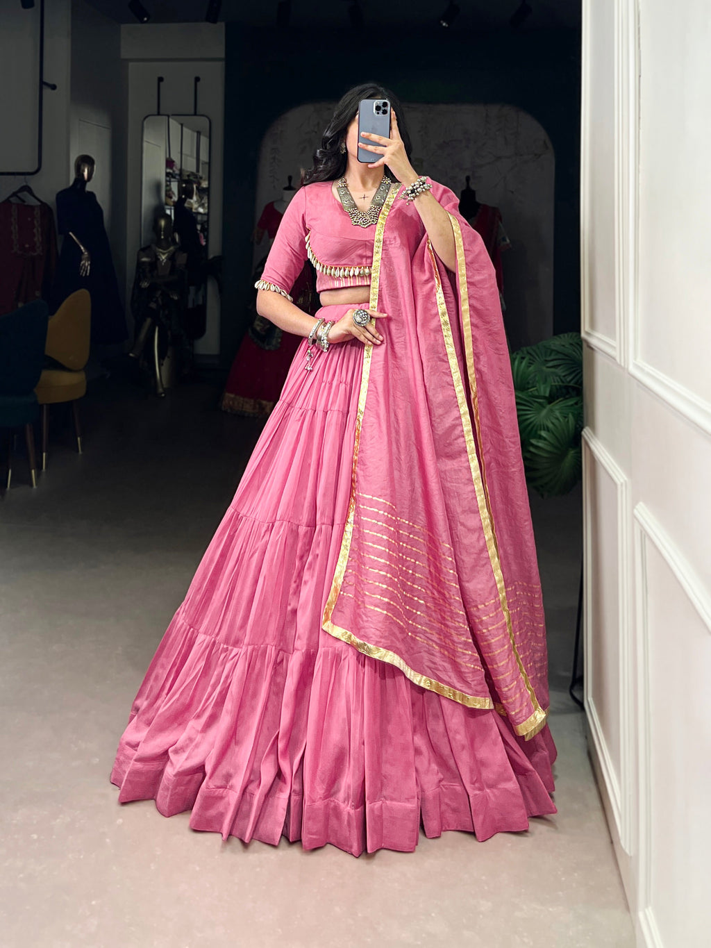 Lorenvalley Pink Pure Chanderi Plain Lehenga Choli Cowrie (Kodi) Lace Touch Up with Dupatta | Grocsy