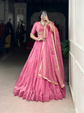 Lorenvalley Pink Pure Chanderi Plain Lehenga Choli Cowrie (Kodi) Lace Touch Up with Dupatta | Grocsy
