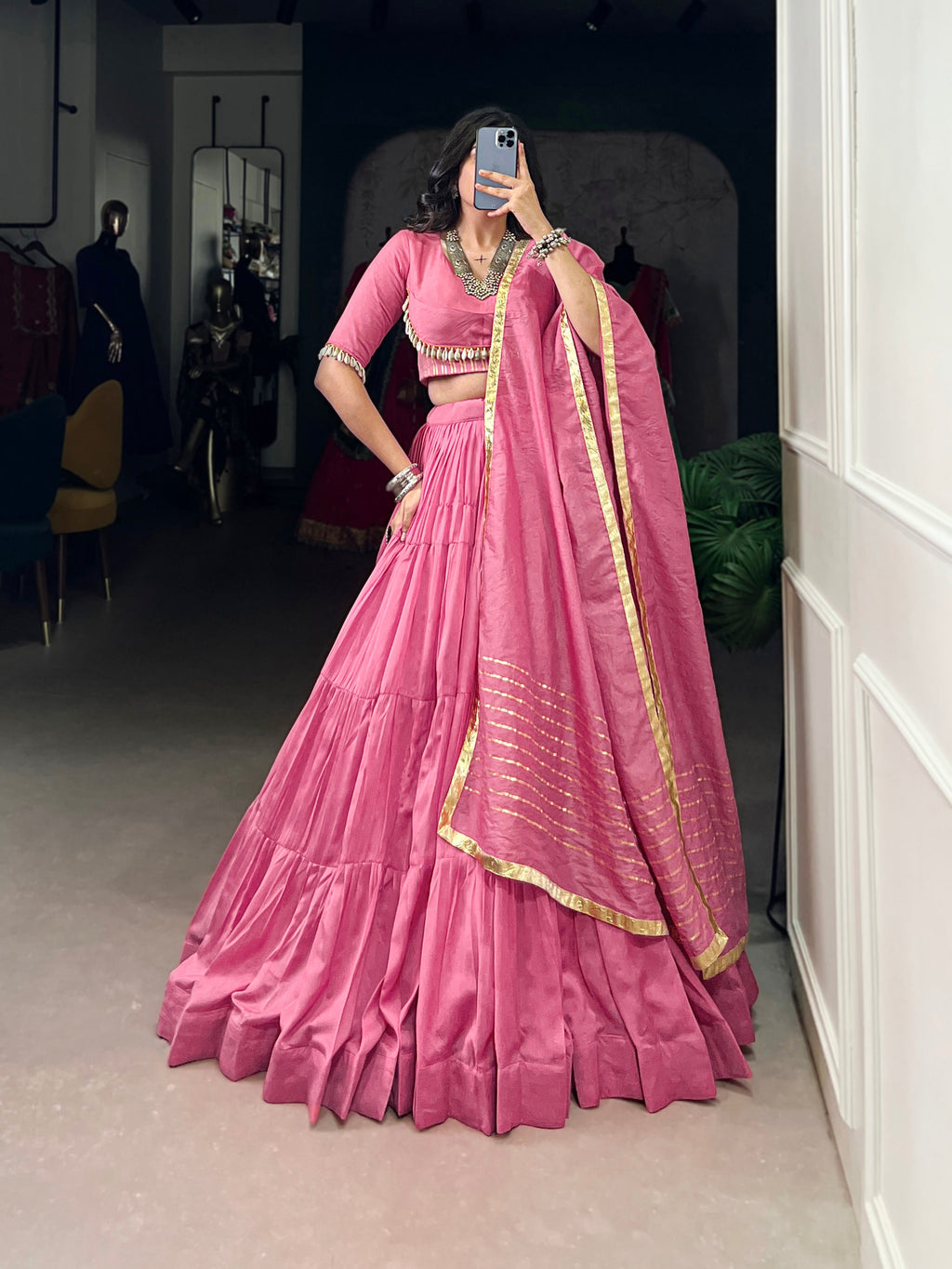 Lorenvalley Pink Pure Chanderi Plain Lehenga Choli Cowrie (Kodi) Lace Touch Up with Dupatta | Grocsy