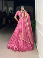 Lorenvalley Pink Pure Chanderi Plain Lehenga Choli Cowrie (Kodi) Lace Touch Up with Dupatta | Grocsy