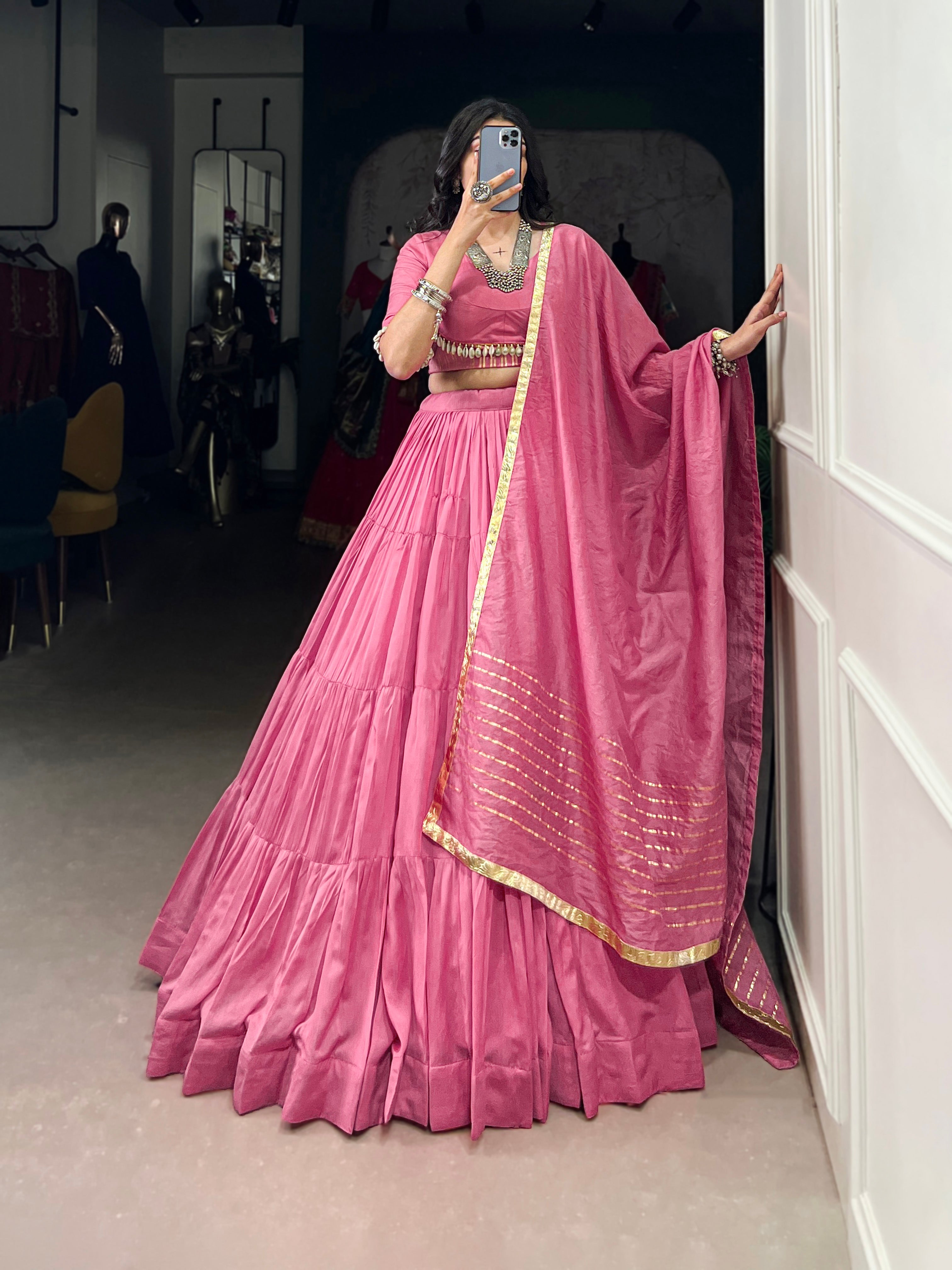 Lorenvalley Pink Pure Chanderi Plain Lehenga Choli Cowrie (Kodi) Lace Touch Up with Dupatta | Grocsy