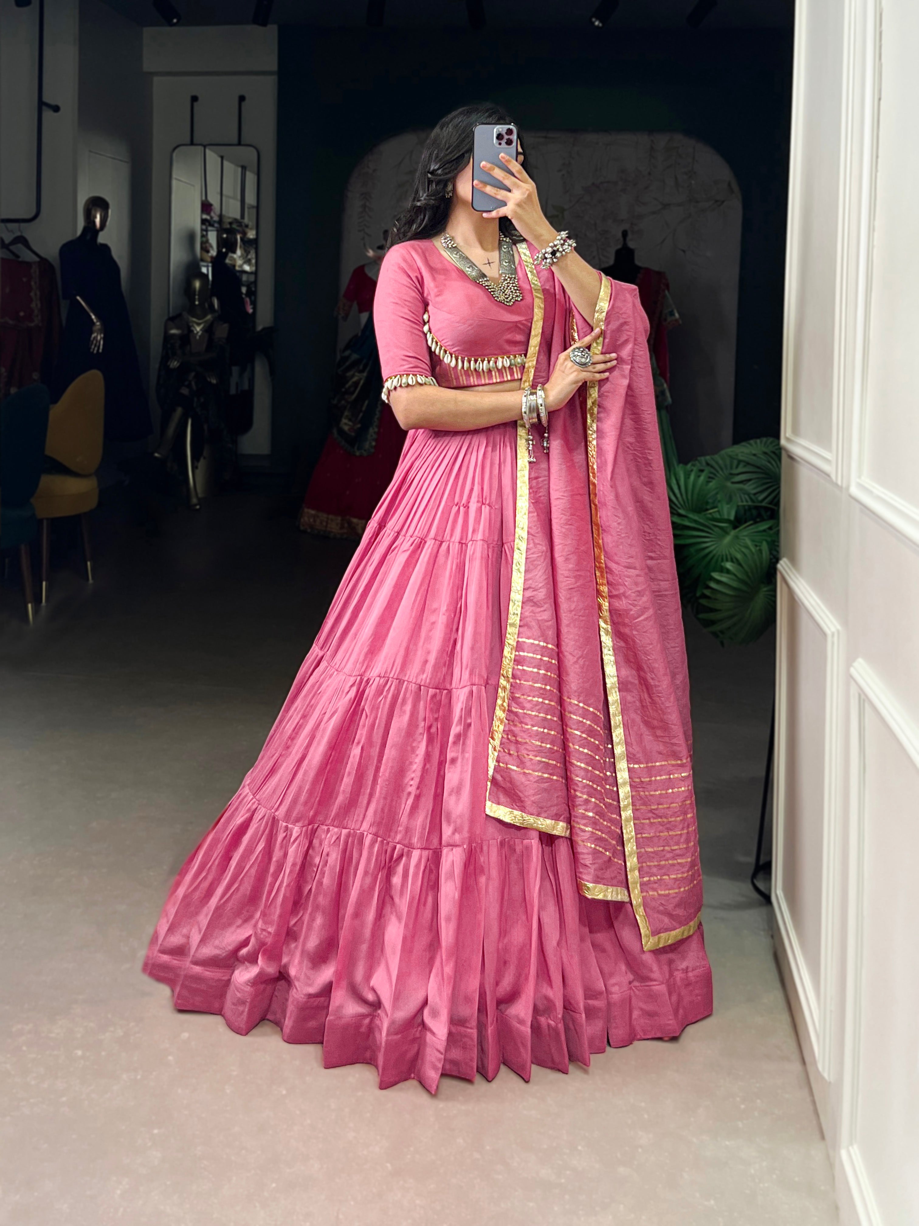 Lorenvalley Pink Pure Chanderi Plain Lehenga Choli Cowrie (Kodi) Lace Touch Up with Dupatta | Grocsy