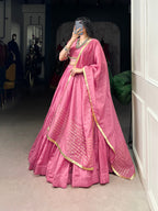 Lorenvalley Pink Pure Chanderi Plain Lehenga Choli Cowrie (Kodi) Lace Touch Up with Dupatta | Grocsy