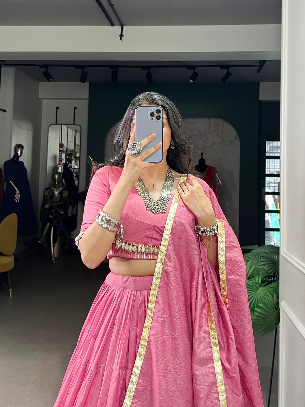 Lorenvalley Pink Pure Chanderi Plain Lehenga Choli Cowrie (Kodi) Lace Touch Up with Dupatta | Grocsy