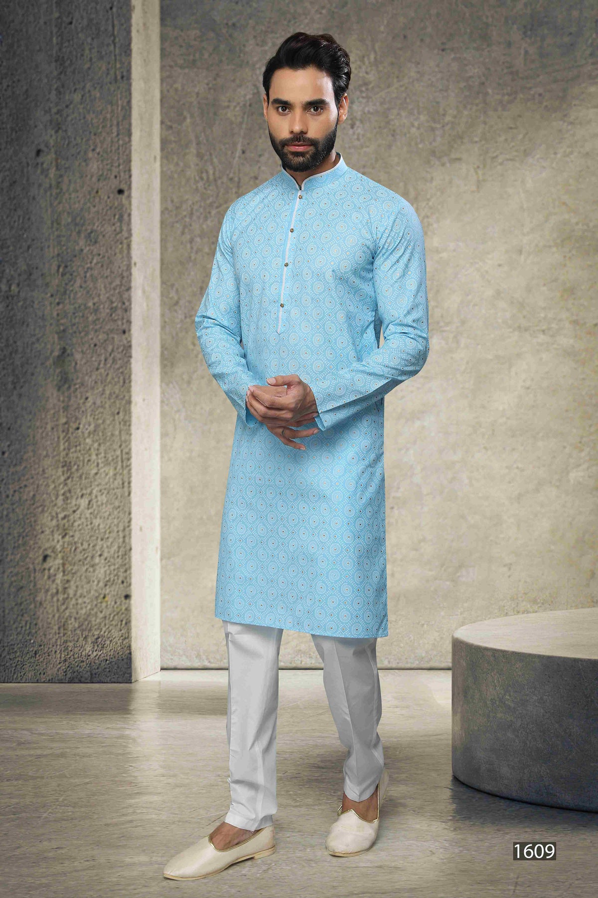 Raivat Ethnic Cotton Printed Work Kurta Pajama In Sky Blue Colour | Grocsy