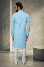 Raivat Ethnic Cotton Printed Work Kurta Pajama In Sky Blue Colour | Grocsy