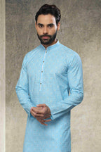 Raivat Ethnic Cotton Printed Work Kurta Pajama In Sky Blue Colour | Grocsy