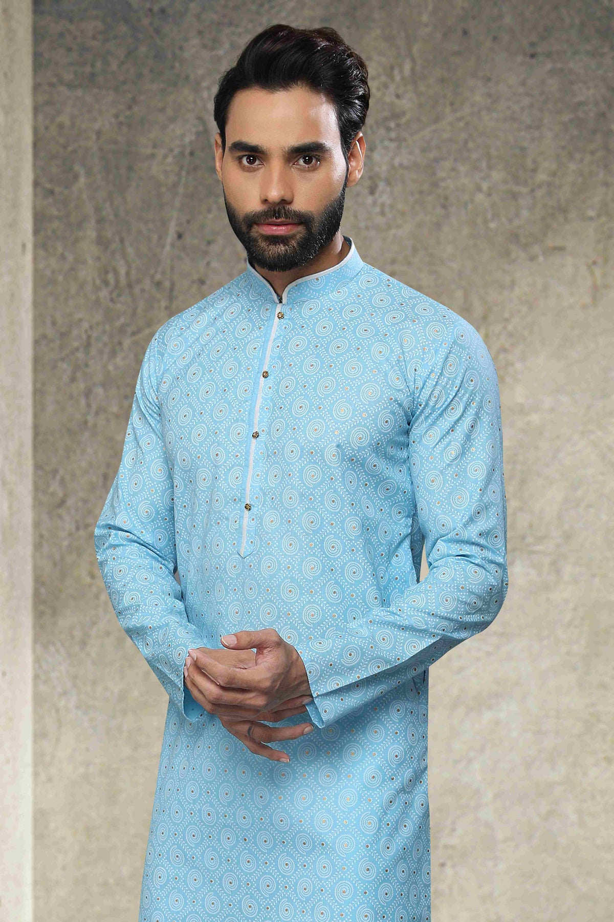 Raivat Ethnic Cotton Printed Work Kurta Pajama In Sky Blue Colour | Grocsy