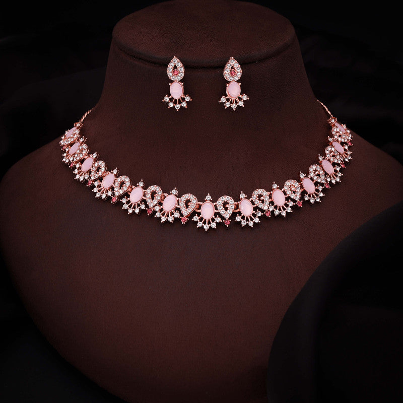 Tehzeeb Creations Baby Pink Colour Ad Studded Necklace Jewellery Set With Matching Earrings For Women And Girls | Grocsy