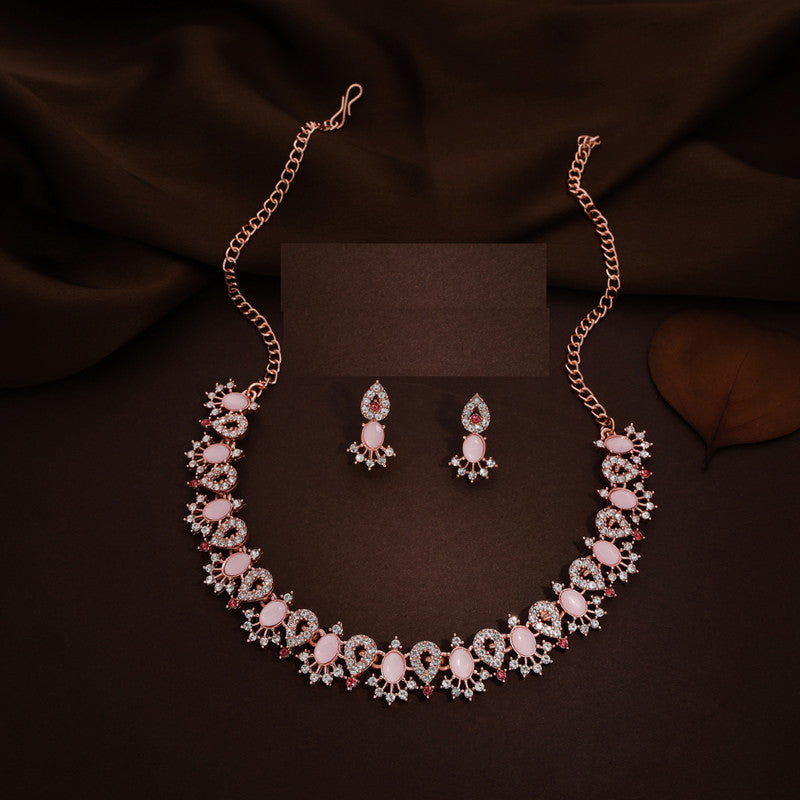 Tehzeeb Creations Baby Pink Colour Ad Studded Necklace Jewellery Set With Matching Earrings For Women And Girls | Grocsy