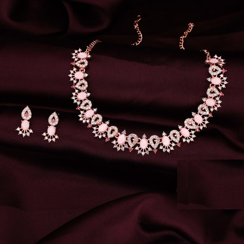 Tehzeeb Creations Baby Pink Colour Ad Studded Necklace Jewellery Set With Matching Earrings For Women And Girls | Grocsy