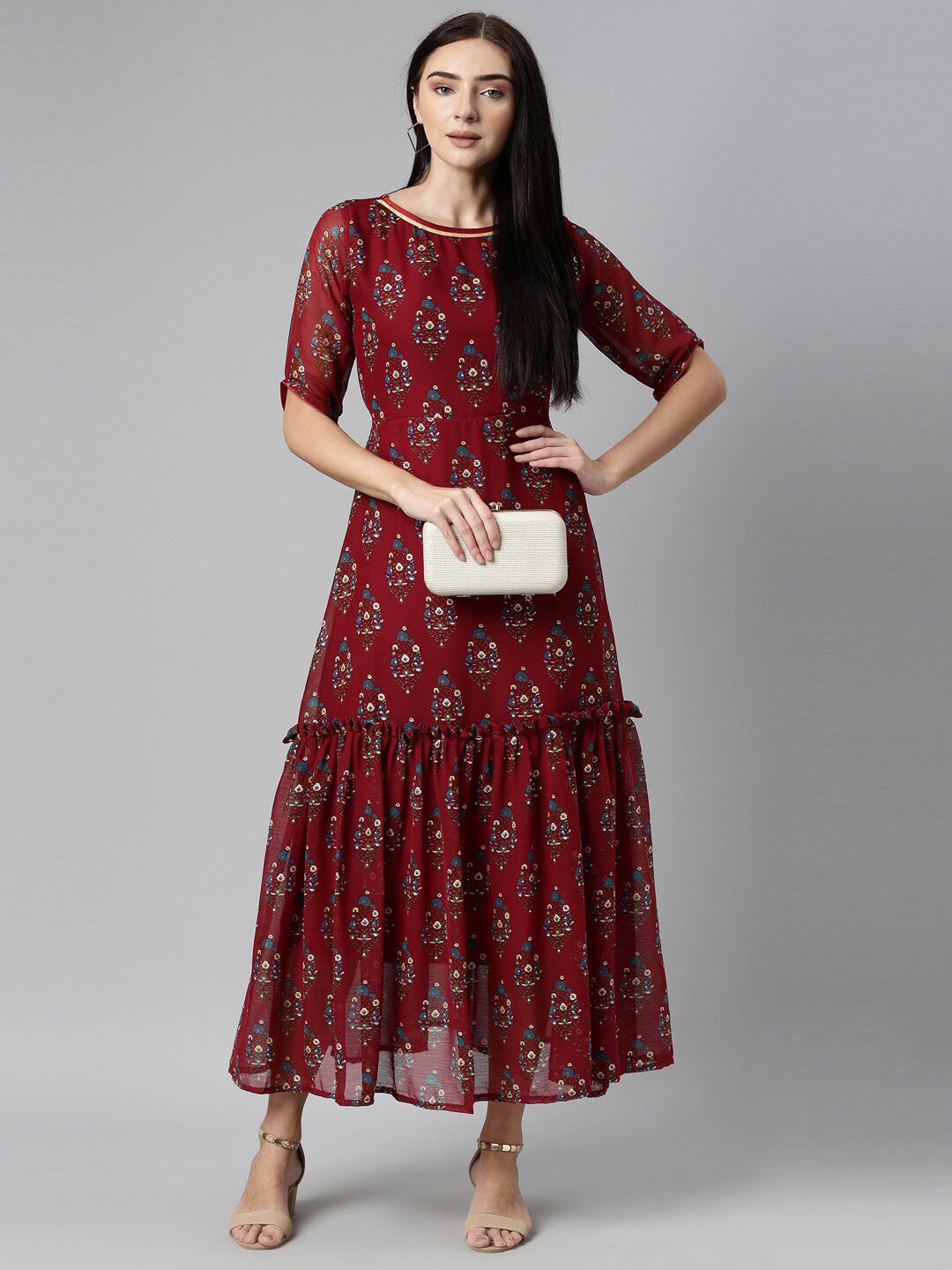 Souchii Floral Printed Boat Neck Chiffon Maxi Dress | Grocsy