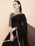 Sangria Black & Silver-Toned Sequinned Pure Georgette Celebrity Saree | Grocsy