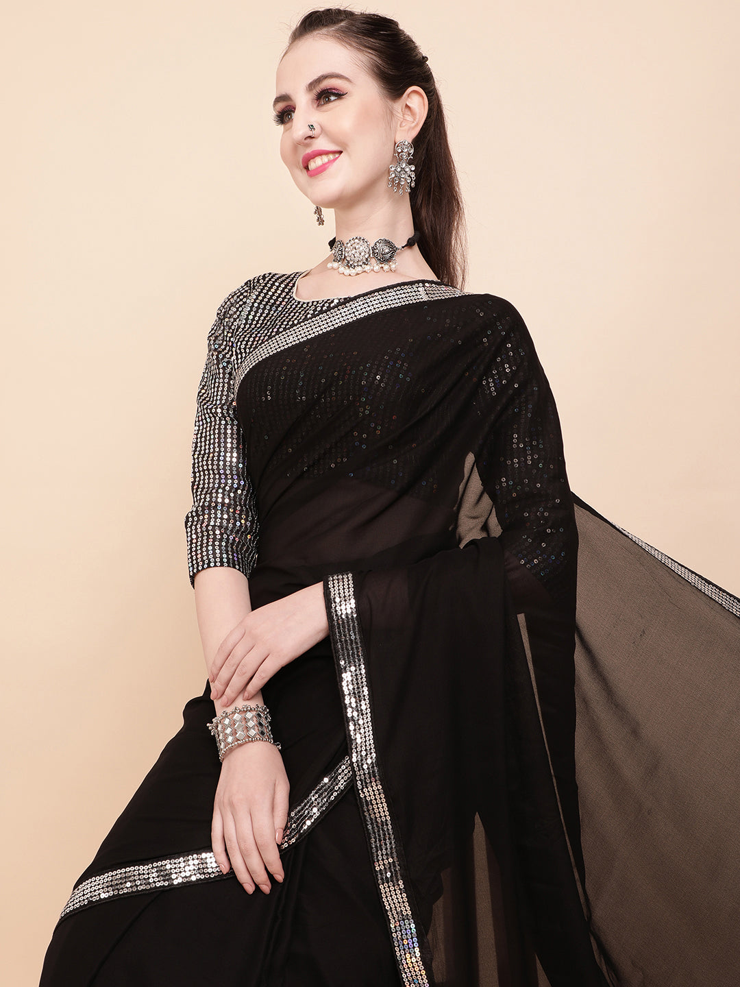 Sangria Black & Silver-Toned Sequinned Pure Georgette Celebrity Saree | Grocsy