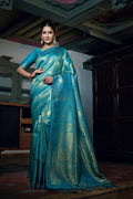 Vardha Sky Teal Blue Zari Work Kanjeevaram Silk Saree | Grocsy
