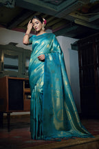 Vardha Sky Teal Blue Zari Work Kanjeevaram Silk Saree | Grocsy