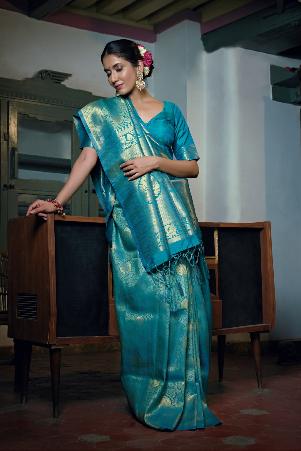 Vardha Sky Teal Blue Zari Work Kanjeevaram Silk Saree | Grocsy