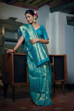 Vardha Sky Teal Blue Zari Work Kanjeevaram Silk Saree | Grocsy
