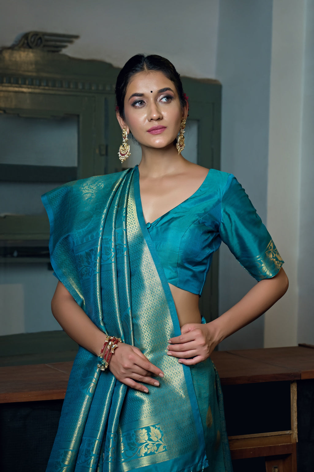 Vardha Sky Teal Blue Zari Work Kanjeevaram Silk Saree | Grocsy