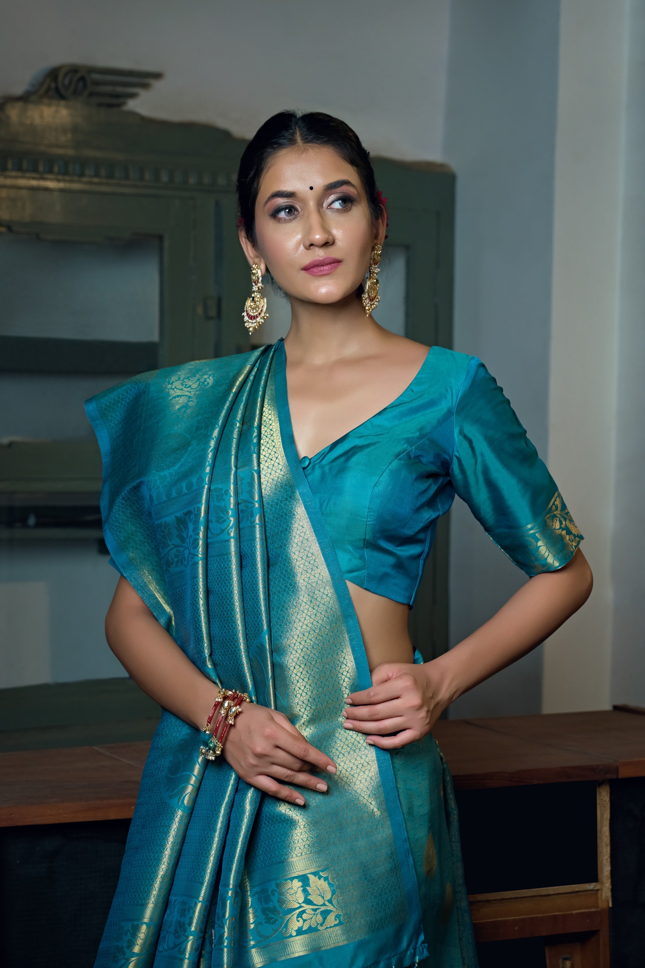 Vardha Sky Teal Blue Zari Work Kanjeevaram Silk Saree | Grocsy