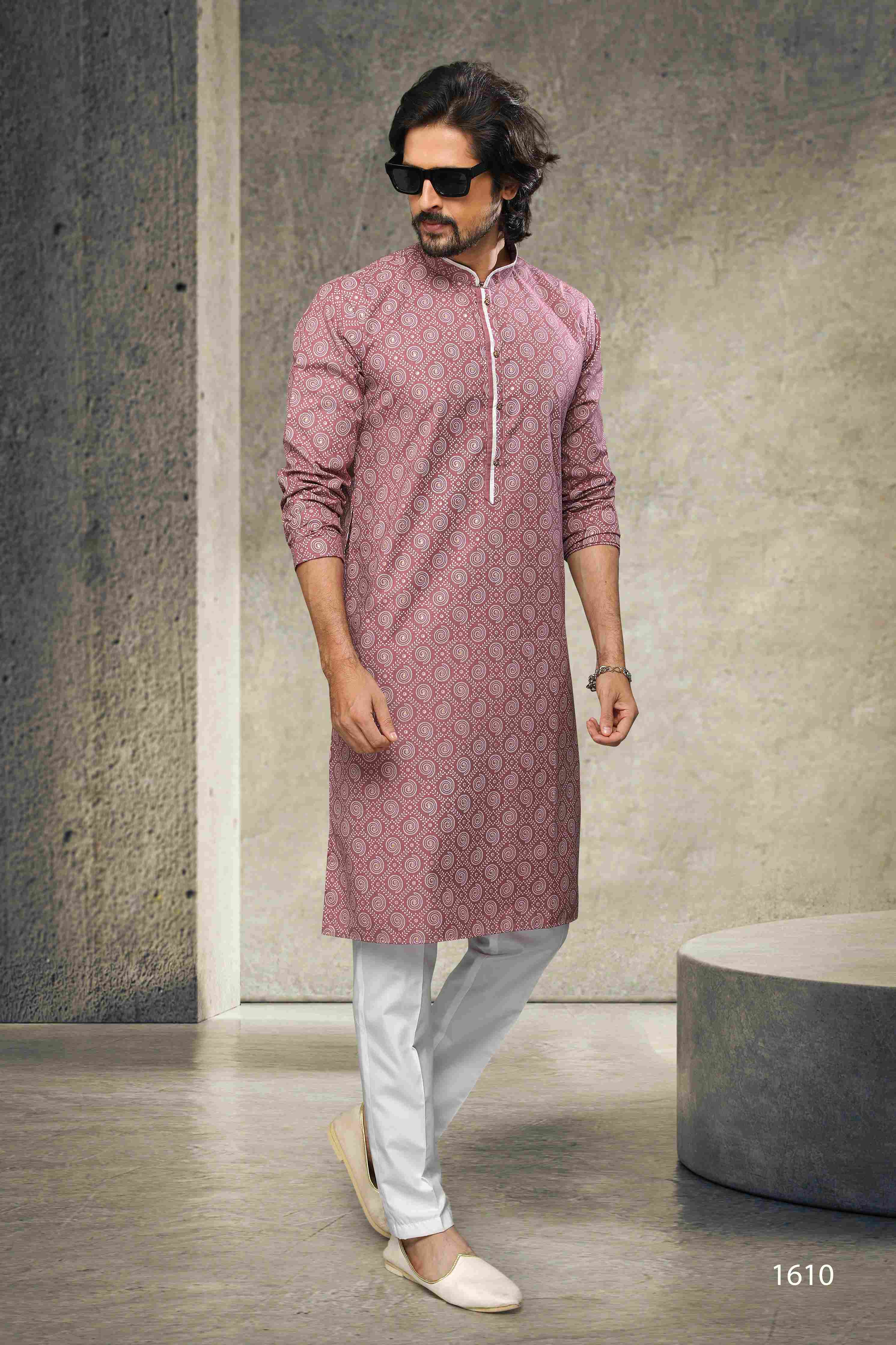 Raivat Ethnic Cotton Printed Work Kurta Pajama In Dusty Pink Colour | Grocsy
