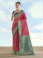 Monjolika Fashion Rani Pink Banarasi Silk Saree With Traditional Paisley Weaves | Grocsy