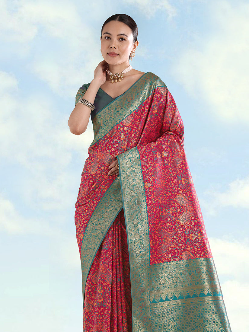 Monjolika Fashion Rani Pink Banarasi Silk Saree With Traditional Paisley Weaves | Grocsy