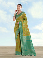 Monjolika Fashion Lemon Green Banarasi Silk Saree With Traditional Paisley Weaves | Grocsy