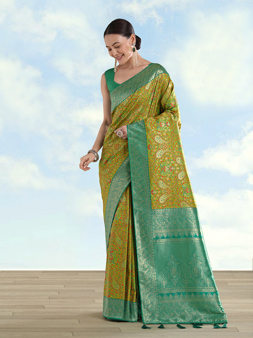 Monjolika Fashion Lemon Green Banarasi Silk Saree With Traditional Paisley Weaves | Grocsy